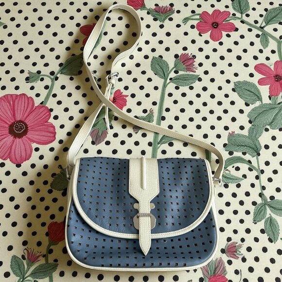TOUS Blue White Perforated Leather Crossbody Bag w/ Dustbag - Picture 1 of 15
